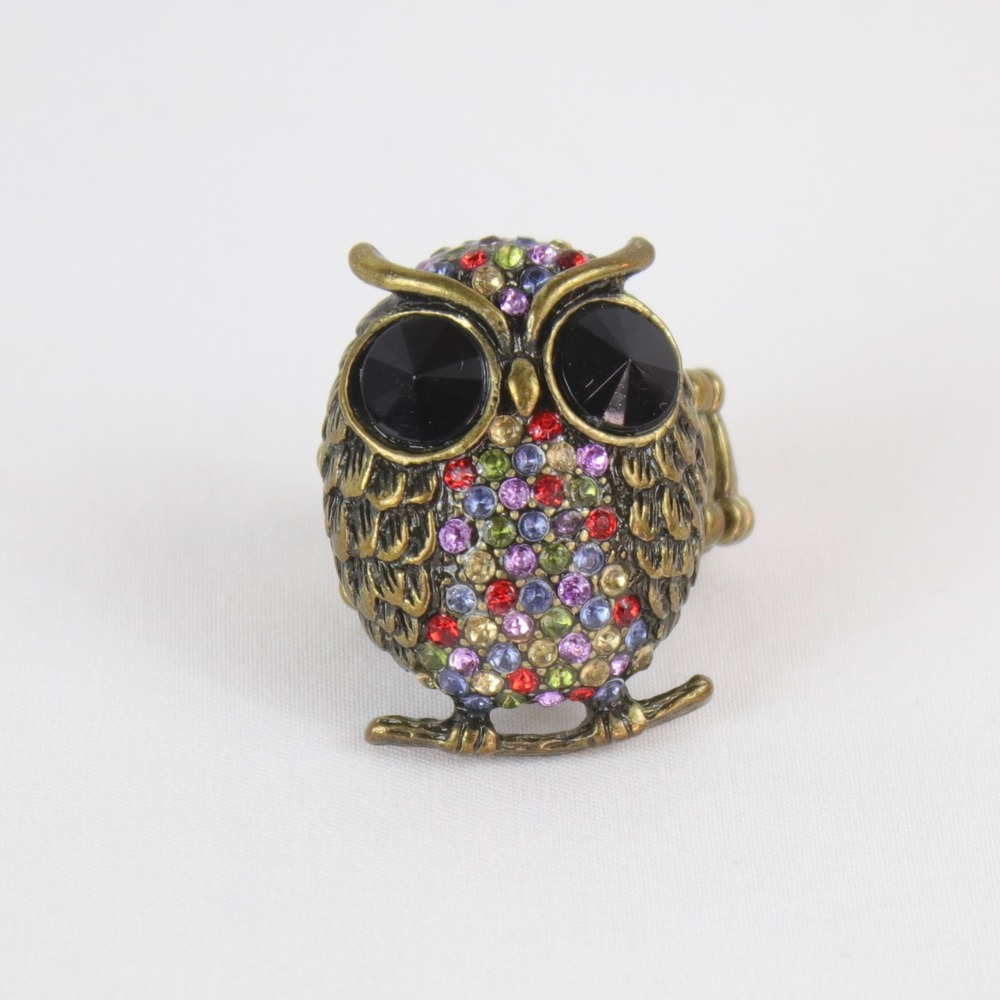 Vintage Style Owl Stretch Bronze Tone Multi Color Rhinestone Statement Ring